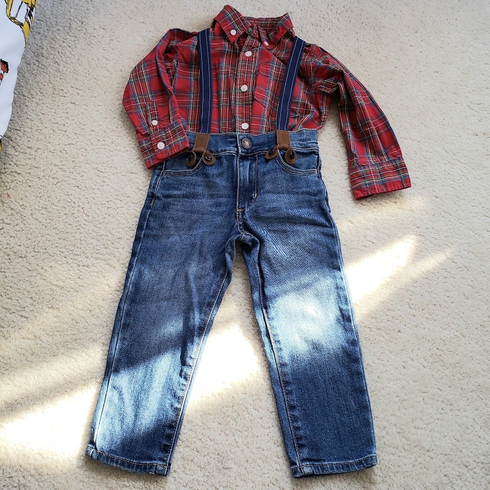 2T Gap Red Plaid Oxford Shirt & Oshkosh Suspenders Blue Jeans Outfit